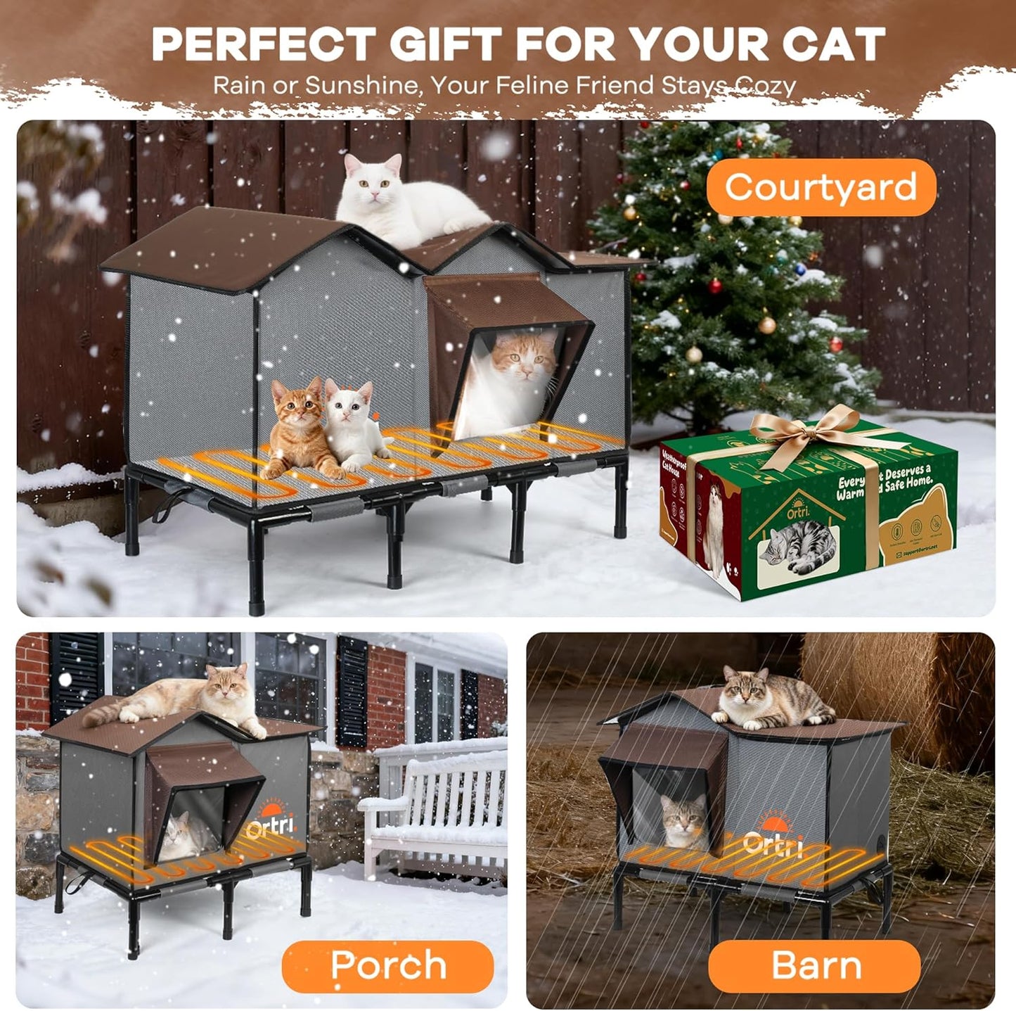 Outdoor Heated Cat House for Outside: Winter Insulated Weatherproof 20"×14.3"×20.5" Shelter with Heating Pad for Feral Kitty Foldable Out Door Elevated Warm Pet Bed with Extra Large Warming Cathouse