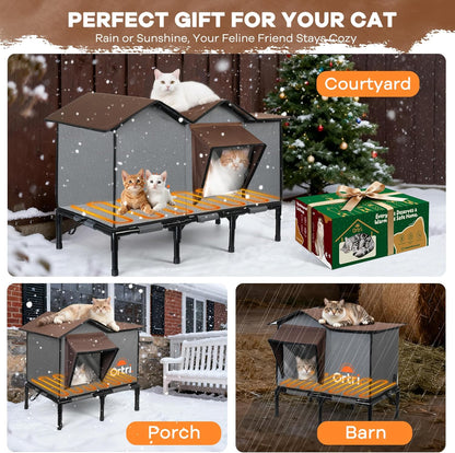 Outdoor Heated Cat House for Outside: Winter Insulated Weatherproof 20"×14.3"×20.5" Shelter with Heating Pad for Feral Kitty Foldable Out Door Elevated Warm Pet Bed with Extra Large Warming Cathouse