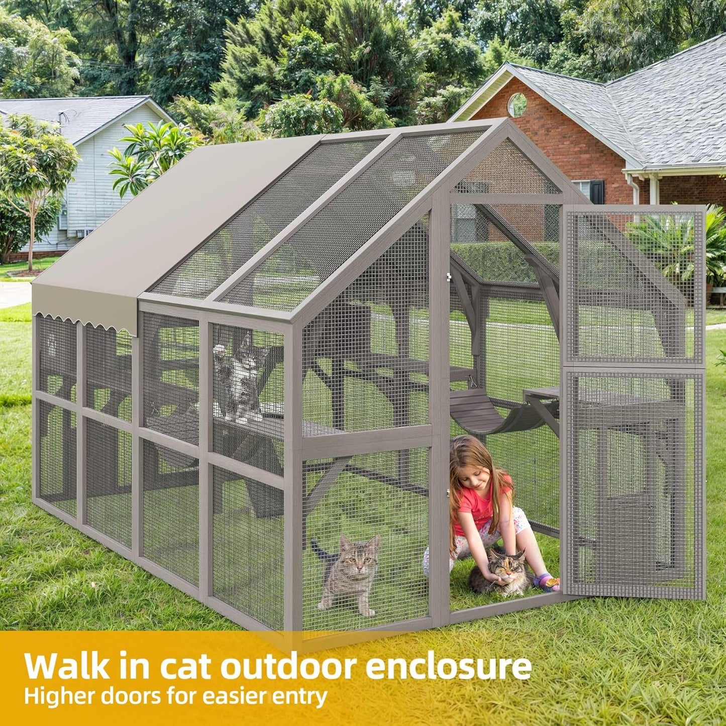 DWVO Extra Large Catio Outdoor Cat Enclosure, 110 inch Outside Cattery with Weatherproof Roof, Cat Scratcher Ramp, Cat Space Capsule Bed, 2 Bridges, 2 Resting Houses, 7 Platforms