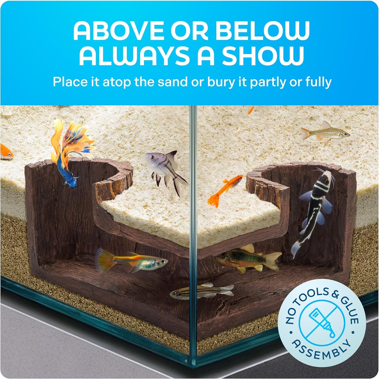 FISHNOSH Aquarium Cave | Natural-Looking Wood-Like BPA-Free Fish Tank Cave for Corners | 5.1” x 2” x 2.7” Fish Hideout for Aquarium | Guppy, Neon Tetra, Corydoras Catfish, Betta Hide | Tank Decor