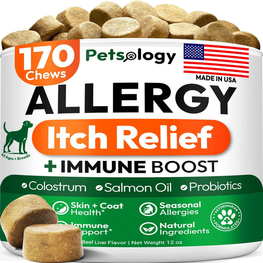 Dog Allergy Relief Chews - 170 Dog Allergy Chews - Itch Relief for Dogs - Omega 3 Fish Oil, Probiotics For Itchy Skin & Hot Spots Allergies, Paw Licking, Dry Skin & Coat Supplement - Beef Liver Flavor