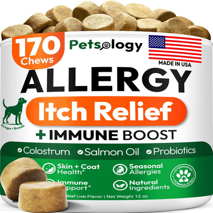 Dog Allergy Relief Chews - 170 Dog Allergy Chews - Itch Relief for Dogs - Omega 3 Fish Oil, Probiotics For Itchy Skin & Hot Spots Allergies, Paw Licking, Dry Skin & Coat Supplement - Beef Liver Flavor