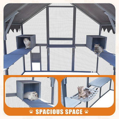 110" Outdoor Cat Catio Enclosure,Cats House Big Wooden Cat Shelter with Platforms,Upgrade Waterproof Cover,Large Spacious Interior,Two Small Sliding Doors,Grey