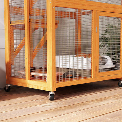PawHut 74" Wooden Catio Outdoor Cat Enclosure Weatherproof & Wheeled, Outside Cat House with High Weight Capacity, Kitten Cage Condo, Orange
