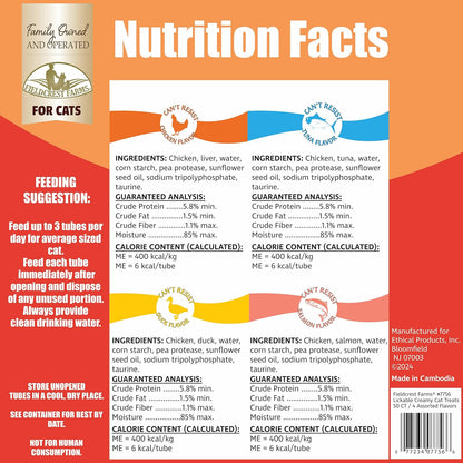 Fieldcrest Farms Lickable Creamy Cat Treats – 50ct Variety Pack – 4 Savory Flavors (Chicken, Tuna, Duck, Salmon) with Taurine – Smooth, Tasty Cat Treat Tubes – Serve by Hand, Dish, or as a Topper