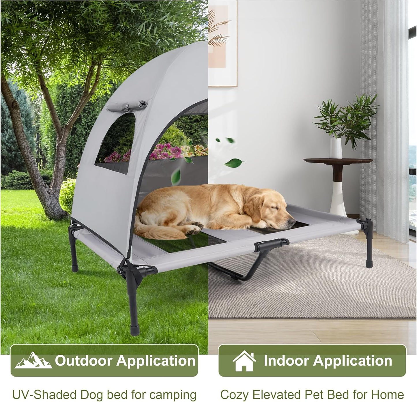 Medium Outdoor Dog Bed with UV Canopy, Elevated Pet Cot for Dogs up to 78 Lbs, Waterproof and Scratch-Resistant Raised Dog Tent with Breathable Mesh for Backyard, Patio, Camping or Indoor Use