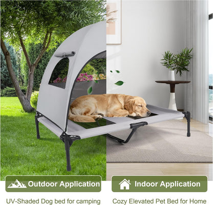 Medium Outdoor Dog Bed with UV Canopy, Elevated Pet Cot for Dogs up to 78 Lbs, Waterproof and Scratch-Resistant Raised Dog Tent with Breathable Mesh for Backyard, Patio, Camping or Indoor Use