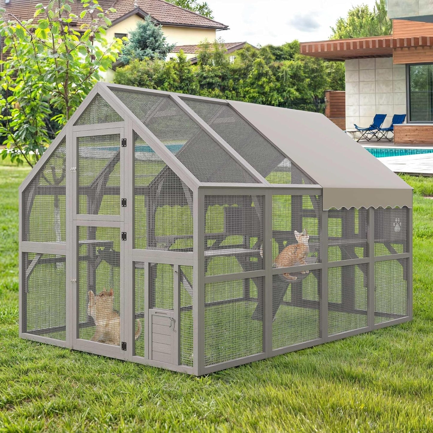 DWVO Extra Large Catio Outdoor Cat Enclosure, 110 inch Outside Cattery with Weatherproof Roof, Cat Scratcher Ramp, Cat Space Capsule Bed, 2 Bridges, 2 Resting Houses, 7 Platforms