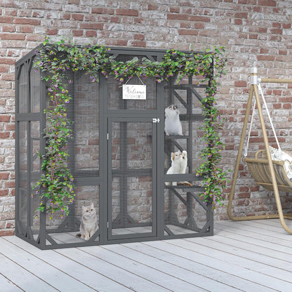 KEIKI Outdoor Wooden Cat Cage Catio Enclosure with Large Enter Door, Walk in Cat House Shelter with 6 Platforms for Multiple Pets, 60" Tall Kitten Cage with Lock, UV Resistant & Waterproof, Gray