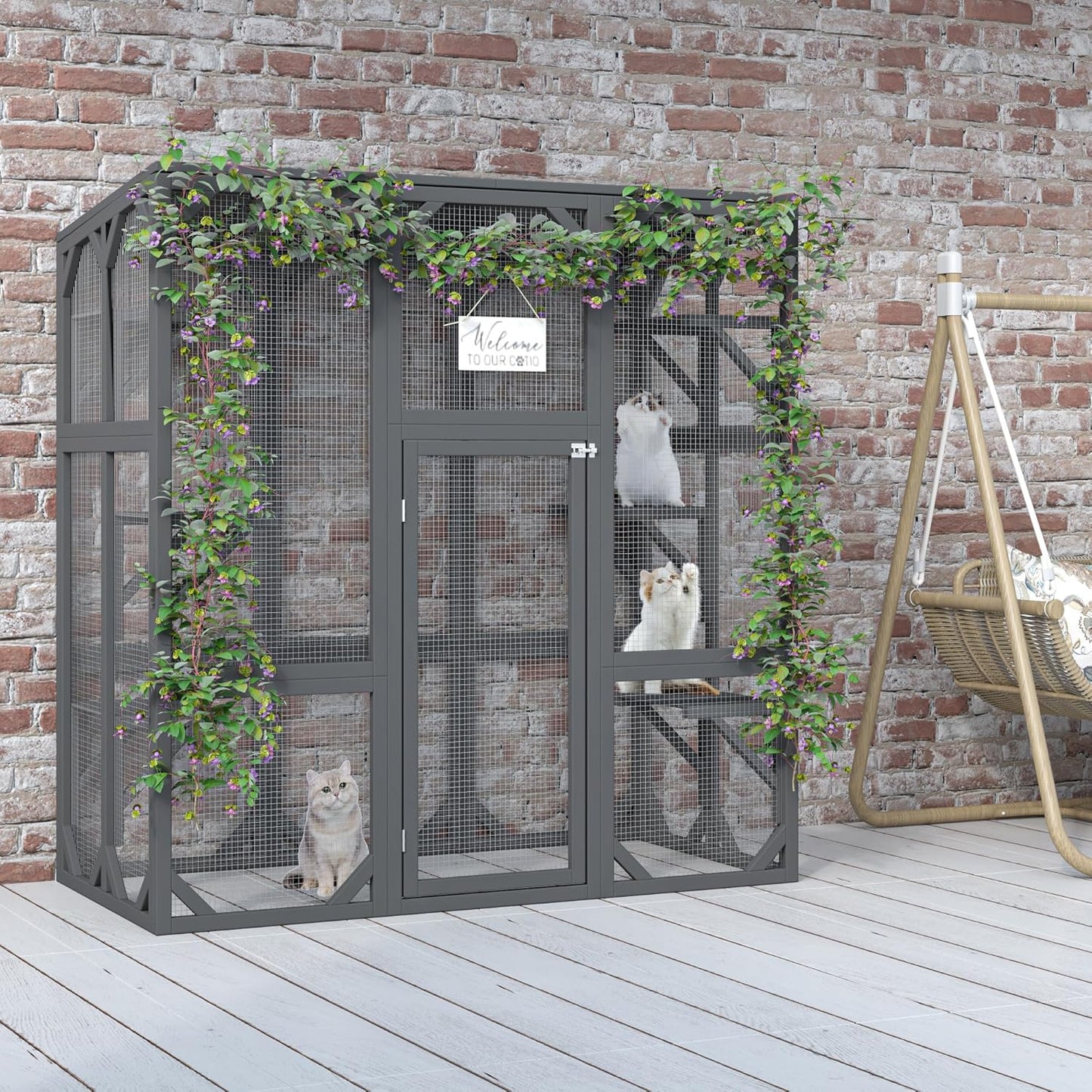 GREAZ Spacious Outdoor Cat Enclosure with Six Platforms, Waterproof Roof, Large Entry Door, Sturdy Wooden Frame, Grey