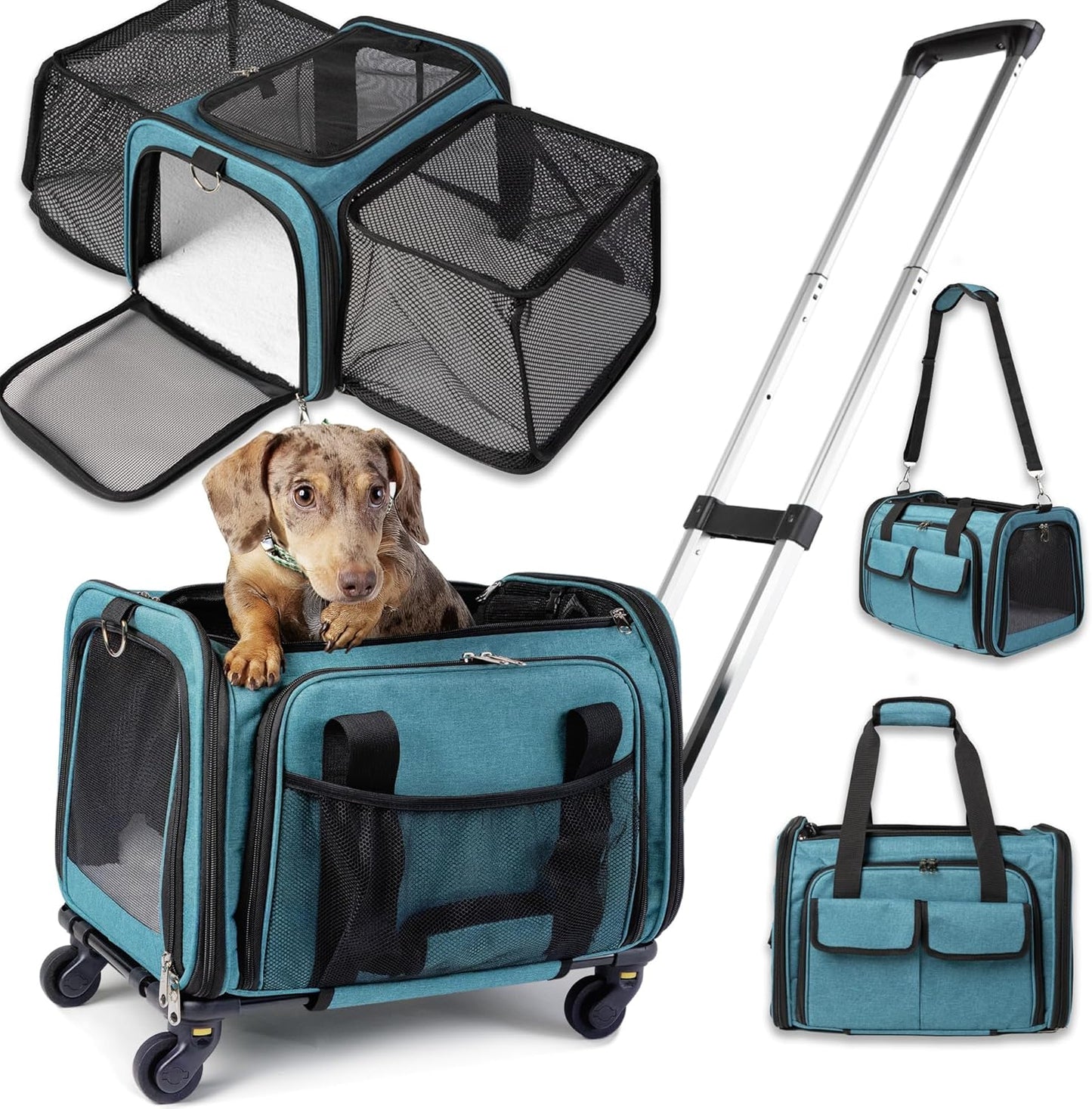 Pet Carrier with Wheels | Delta American Frontier Airline Approved | Two Expandable Sides, Storage Pockets Adjustable Leash | Rolling Dog and Cat Carrier TSA Compliant (Blue 17x12.5x11)