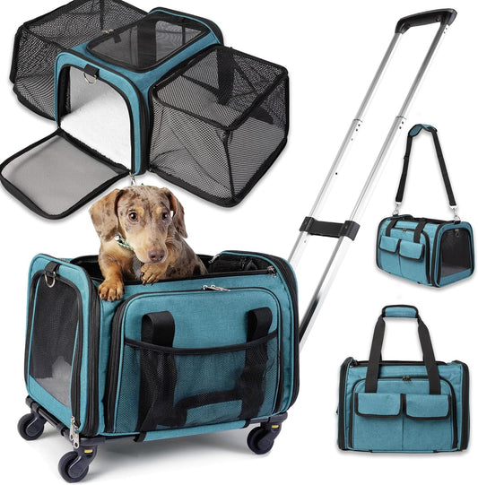 Pet Carrier with Wheels | Delta American Frontier Airline Approved | Two Expandable Sides, Storage Pockets Adjustable Leash | Rolling Dog and Cat Carrier TSA Compliant (Blue 17x12.5x11)