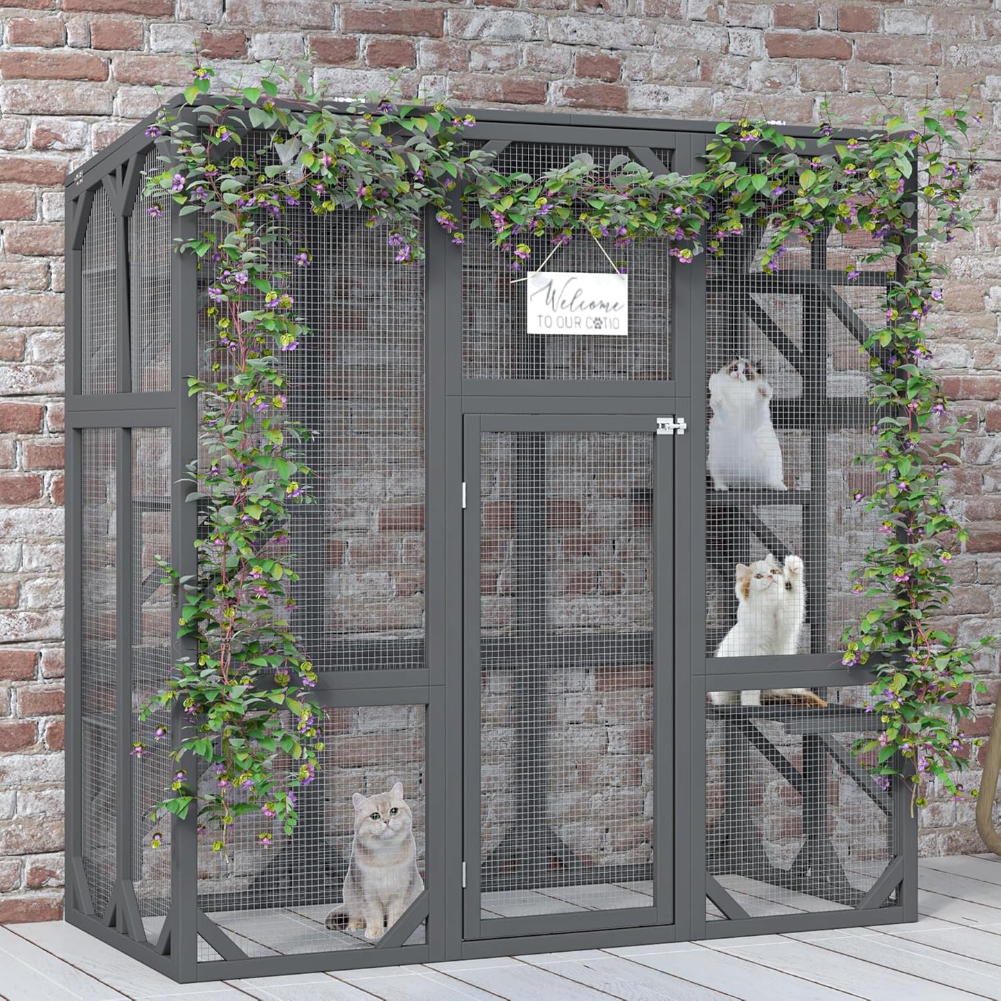 Ball & Cast 59" Wooden Catio Enclosure Outdoor Cat House with Anti-UV& Waterproof, Platforms and Resting Boxes Walk-in Cat Kennel Shelter for Indoor,Dark Grey