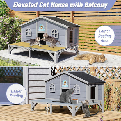 Outdoor Feral Cat House, Large Wooden Outside Cat Shelter with Balcony, Sloped Weathproof Roof, Elevated Legs, Escape Doors, Grey