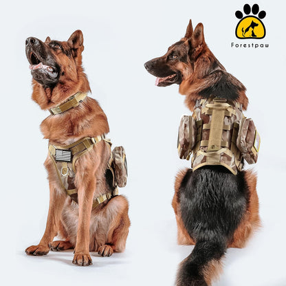 Forestpaw Tactical Dog Harness Tactical Dog Collar with Bungee Leash Set,No Pull Military Dog Harness for Walking Training,Adjustable for Medium Large Dogs,Camouflage Brown,Chest 21.5-45"