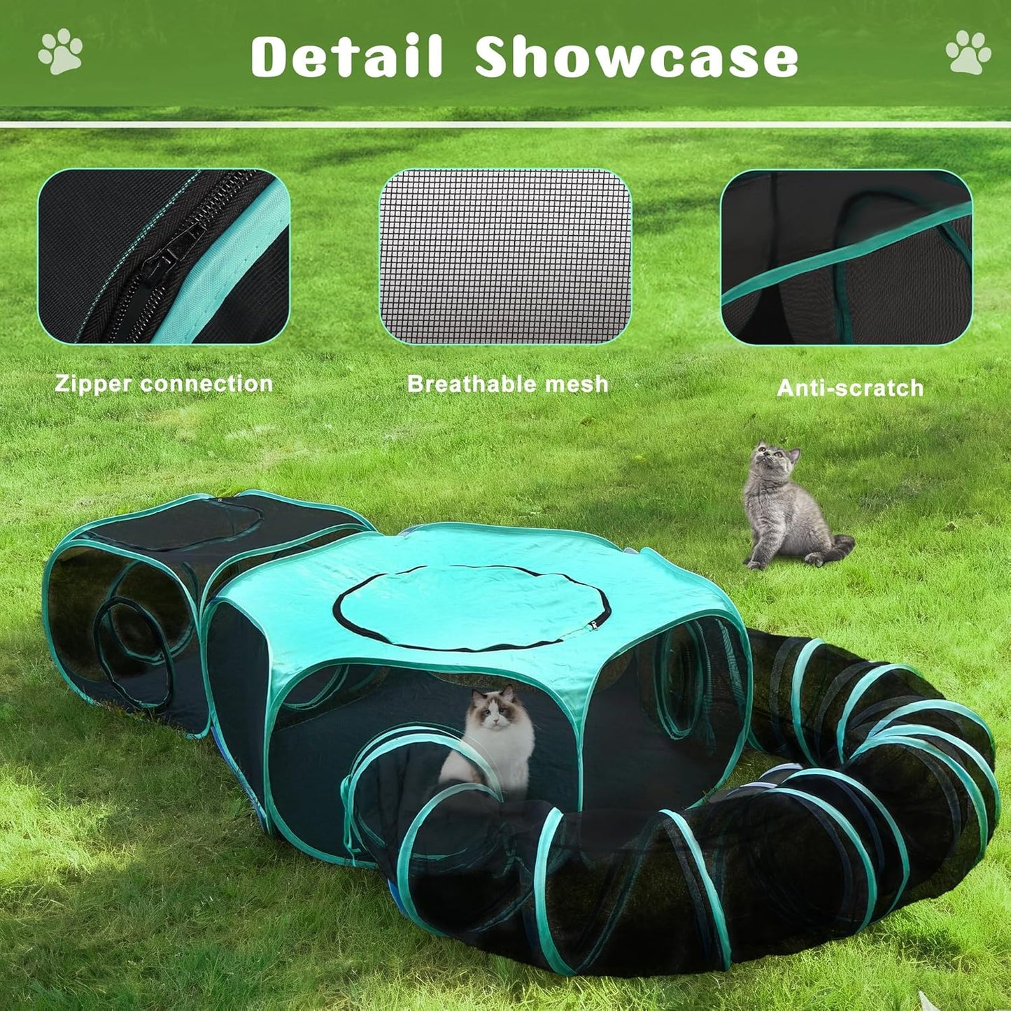 Large Outdoor Cat Enclosure Pop-Up Tent, Portable 3-in-1 Modular Pet Playpen with Zippered Mesh Windows for Indoor & Outside Use, Travel, Backyard, Park