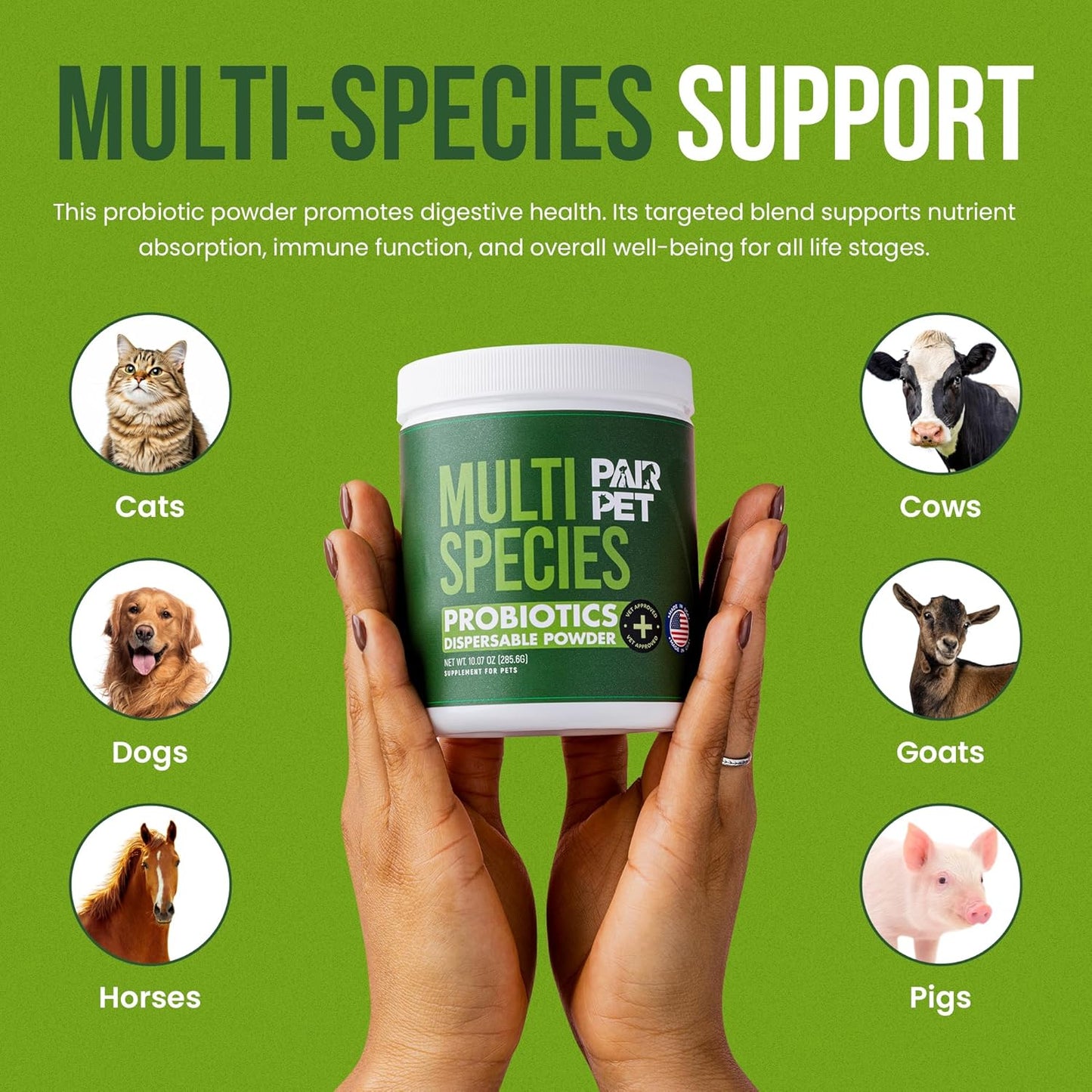 Pet Probiotics for Dogs, Cats, Horses, Goats, Cows & Pigs | Multi Species Dispersible Powder | Supplements for Digestive Health | Cat & Dog Probiotics | Vet Approved & Made in USA | 10 oz | Pair Pet