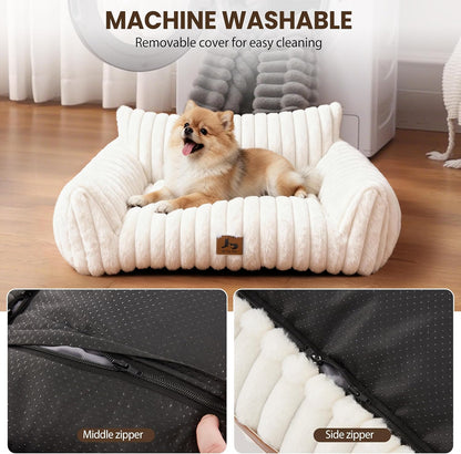 Cat Couch for Pets, Cute Small Dog Couch Bed with Cozy Soft Faux Rabbit Fur for Small Dogs, Fuzzy Dog Couch for Indoor Cats, Supportive Pet Sofa with Removable Washable Cover, Cream, 30"