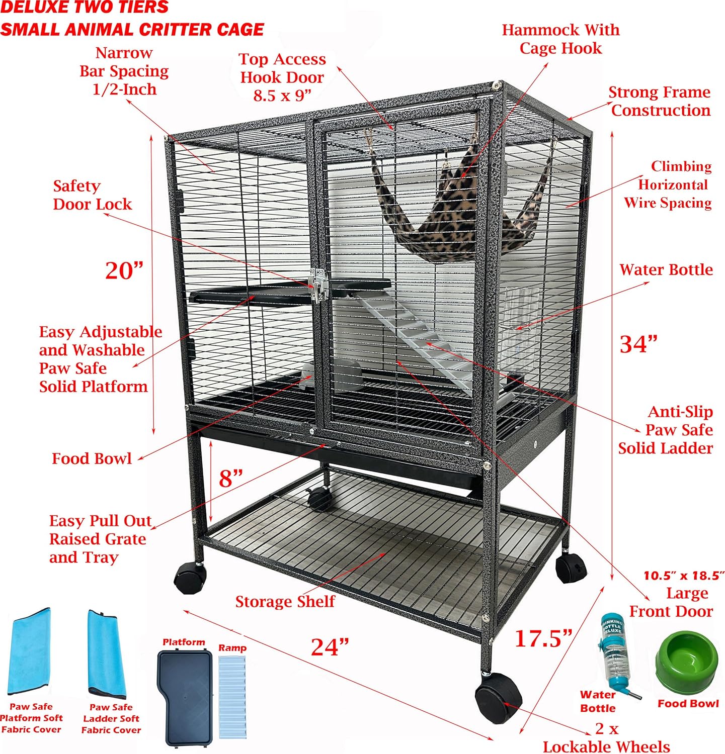 Deluxe Two Tiers Small Animal Critter Cage Tight 1/2-Inch Bar Spacing Water Bottle Food Bowl Feisty Ferret Hammock Chinchilla Rat Mice Squirrel Rabbit Sugar Glider Easy Clean Pull Out Grate Tray
