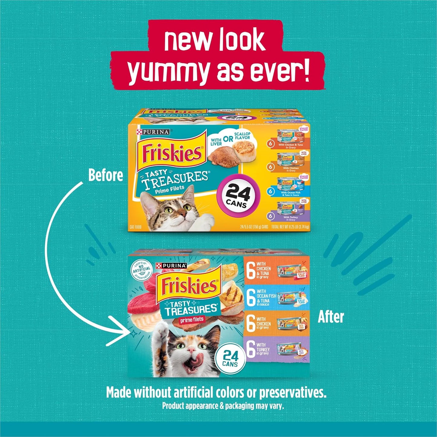 Purina Friskies Wet Cat Food Variety Pack, Tasty Treasures Prime Filets (With Chicken and Tuna, With Chicken, and With Ocean Fish and Tuna, and With Turkey) - (Pack of 24) 5.5 oz. Cans
