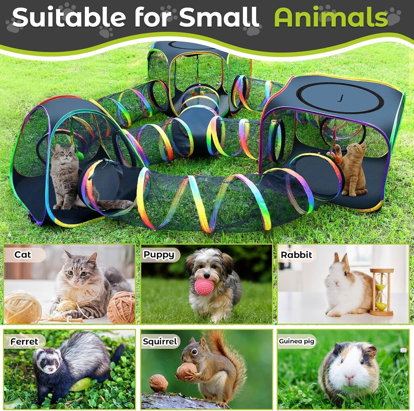 CypherX Outdoor Rainbow Cat Enclosure, 7 in 1 Portable Cat Tents for Outside Cage Free Outside Pet Enclosure Cat Tunnel Outdoor Playground for Indoor Cats and Small Animals