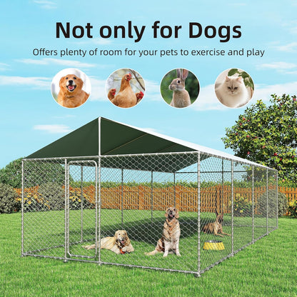 20x10 FT Outdoor Dog Kennel Outside with Metal Large Dog Gate, Outdoor Dog Pens with Roof, Heavy Duty Dog Enclosures for Backyard Farm Use (240x120x84)