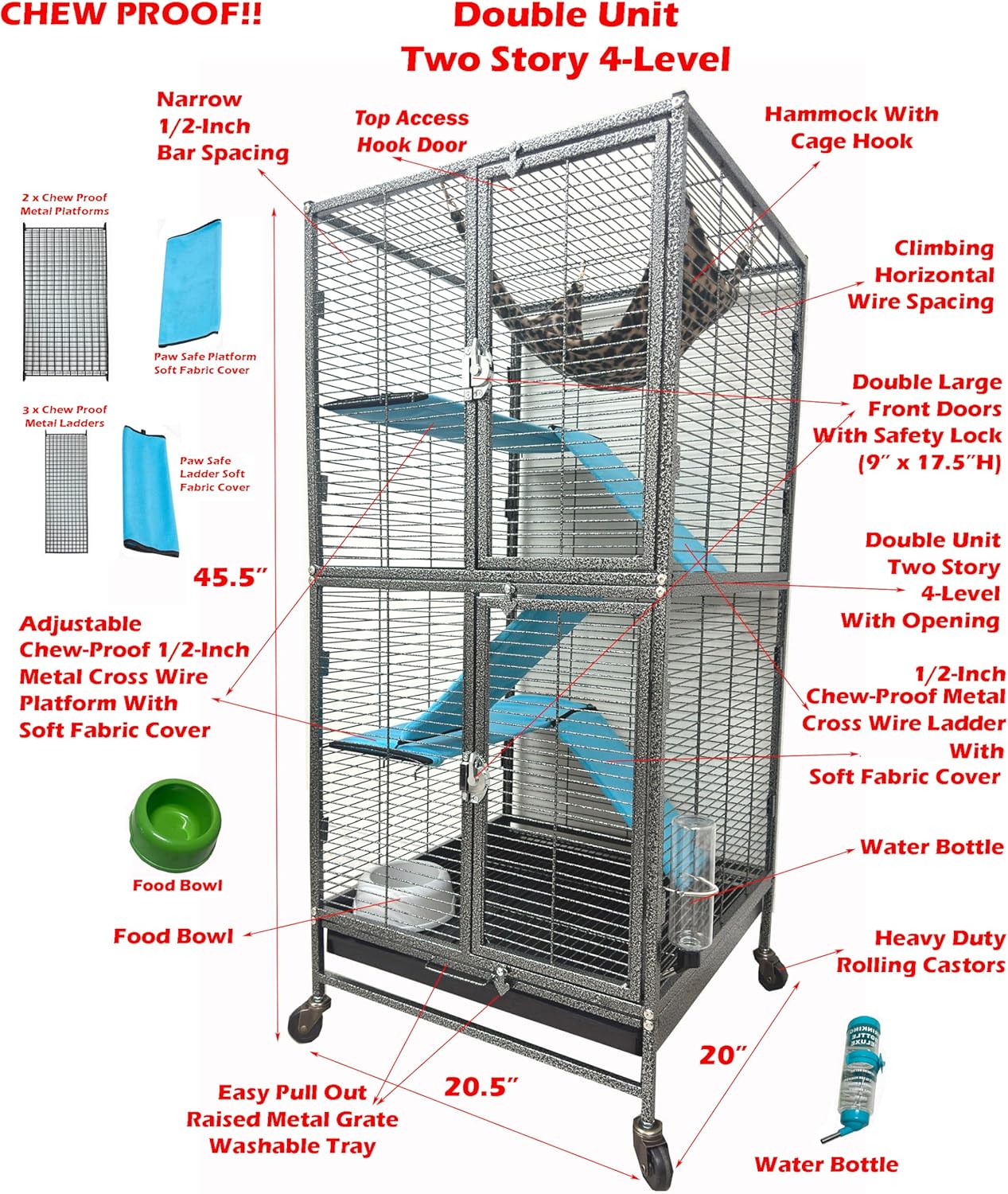 Deluxe Double Unit Two Full Story Durable Front Doors Tight 1/2-inch Wire Spacing Chew-Free Small Animal Critter Home Cage Water Bottle Food Bowl for Feisty Ferret Hammock Rat Mice On Wheels