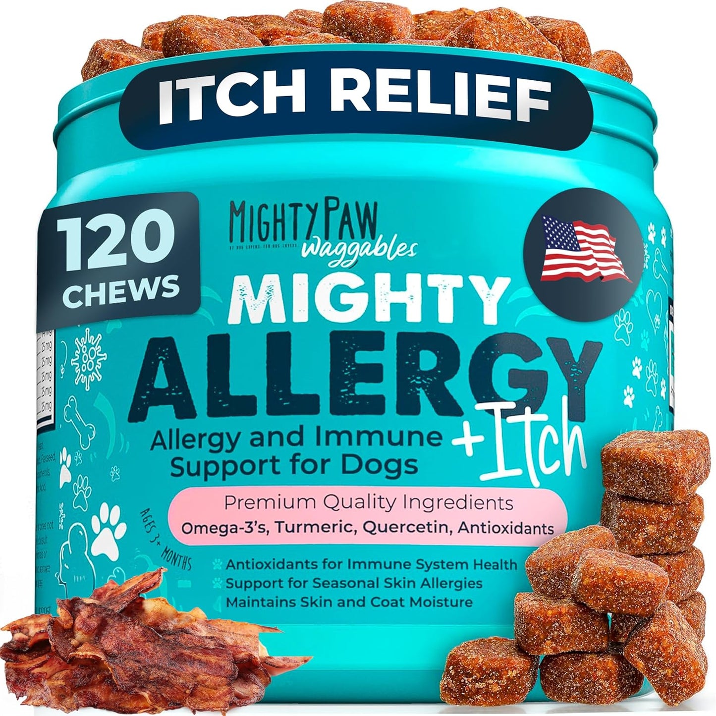 Mighty Paw Waggables Allergy Immune + Itch (Made in The USA) -Dog Chews Anti-Itch for Dogs. Allergy Support Vitamins for Skin and Coat Allergies. Omega 3 & Quercetin for Pets 120 Ct