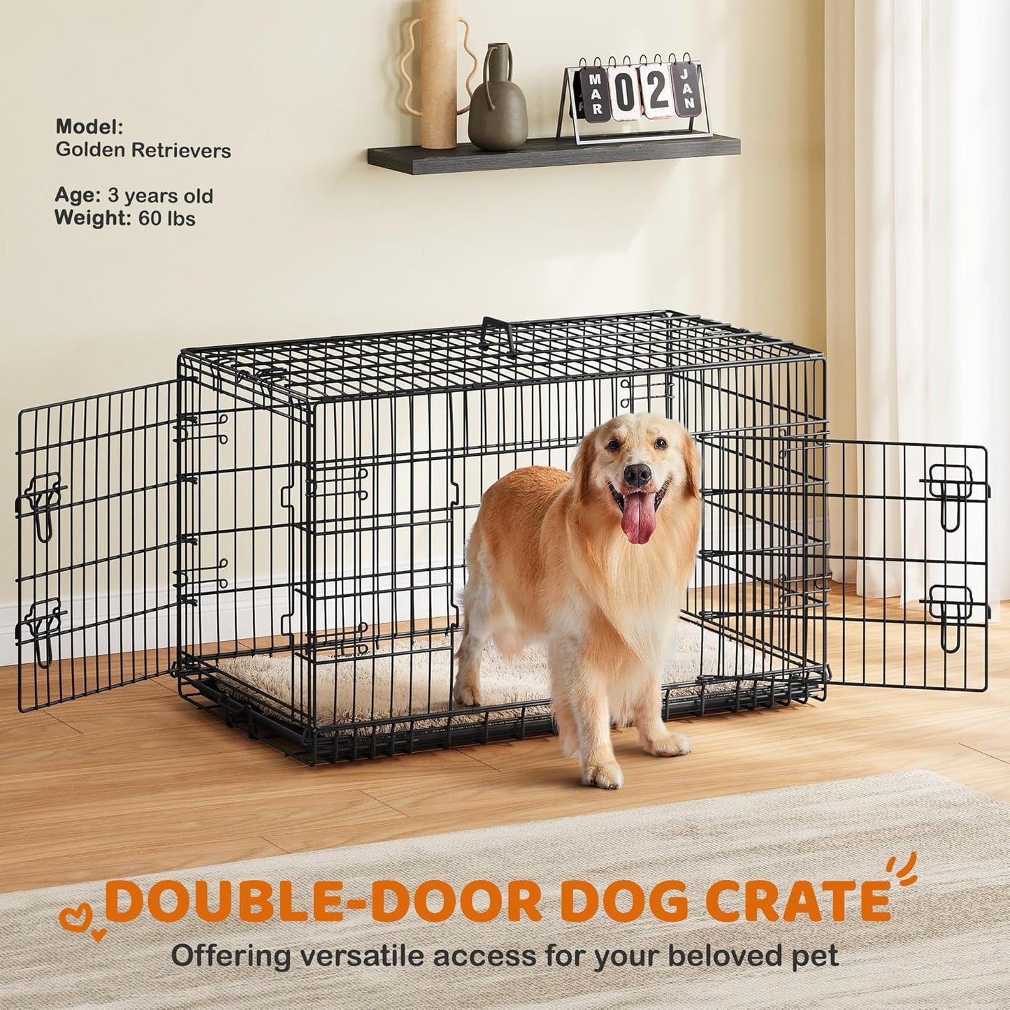 Yaheetech 42 inch Double Door Dog Crate w/Divider for Puppy to Adult XL Collapsible Metal Crate with Removable Tray Wire Dog Kennel for Large Dogs Portable Travel Cage, Black