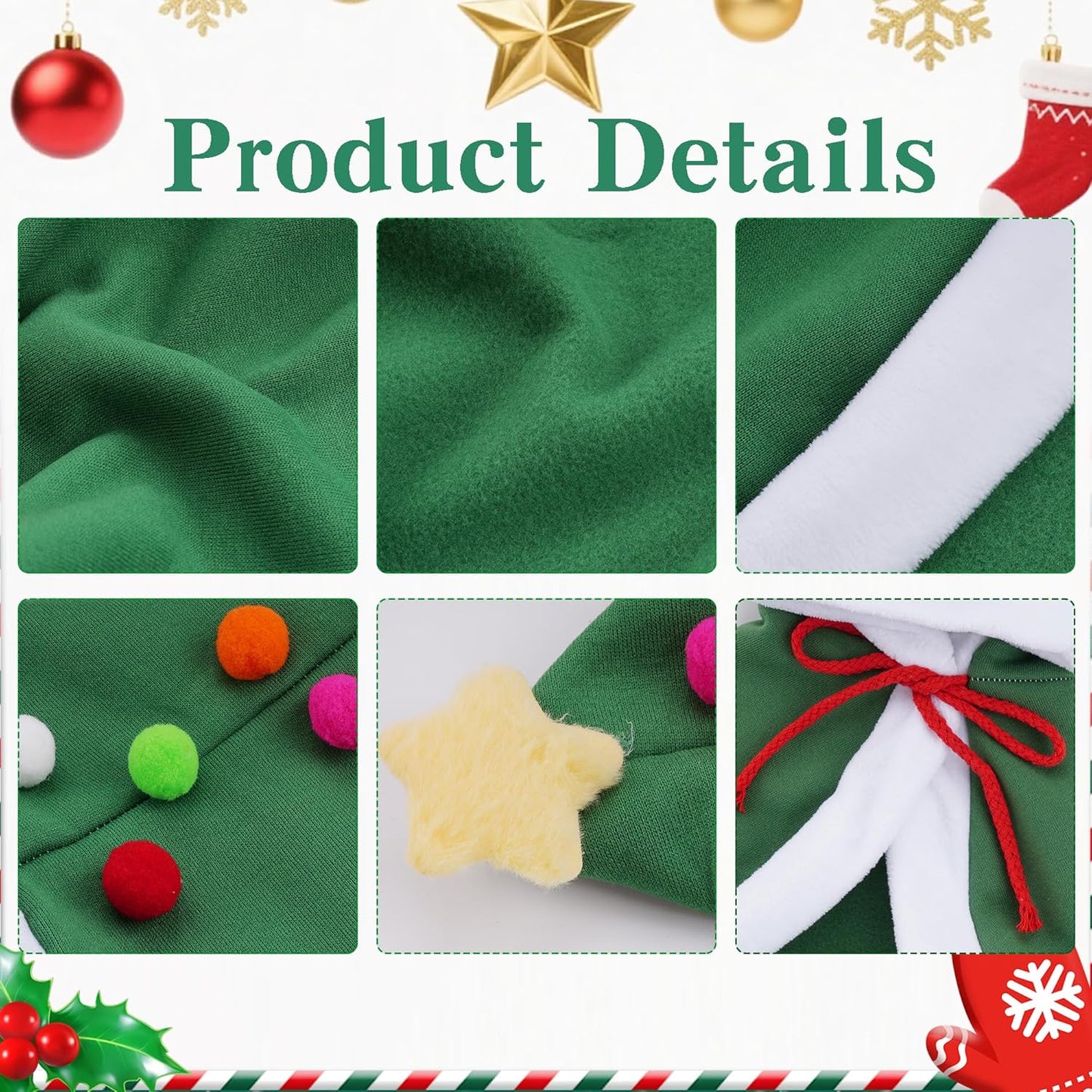 1Pc Cat Christmas Cape with Star and Pompoms Hat Festive Pets Christmas Costume Green Soft Cloak for Small Breed Dogs Holiday Party Outfit Pet Attire M Size