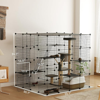 PawHut Cat Cage, 4 x 4 x 4 DIY 4 Tier Cat Enclosure, Detachable Wire Indoor Catio with Hammock, Jumping Platforms, Ramps, Doors, for 1-3 Kittens, 55" L x 55" W x 55" H, Black