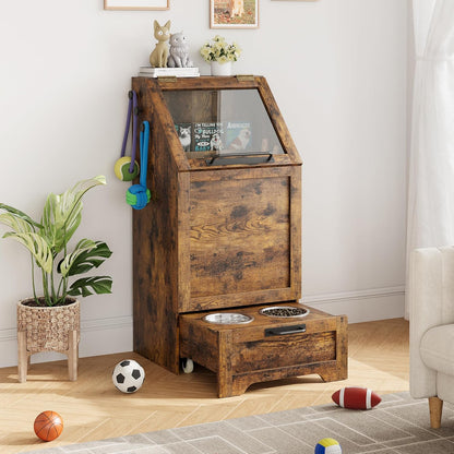 Dog Feeding Station with 2 Elevated Dog Bowls, Pet Feeding Station with Storage Cabinet Organizer, Flip-Up Lid, Anti-Toppling Design, for Pet Food and Pet Supplies, Rustic Brown