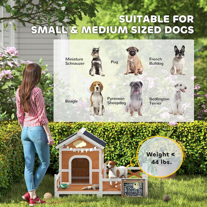 PawHut Outdoor Dog House, 56" Wooden Dog House with Large Porch, Weatherproof & Openable Roof, Elevated Base, Removable Floor, Outside Shelter for Small to Medium Breeds, 47" × 56" × 31.5"