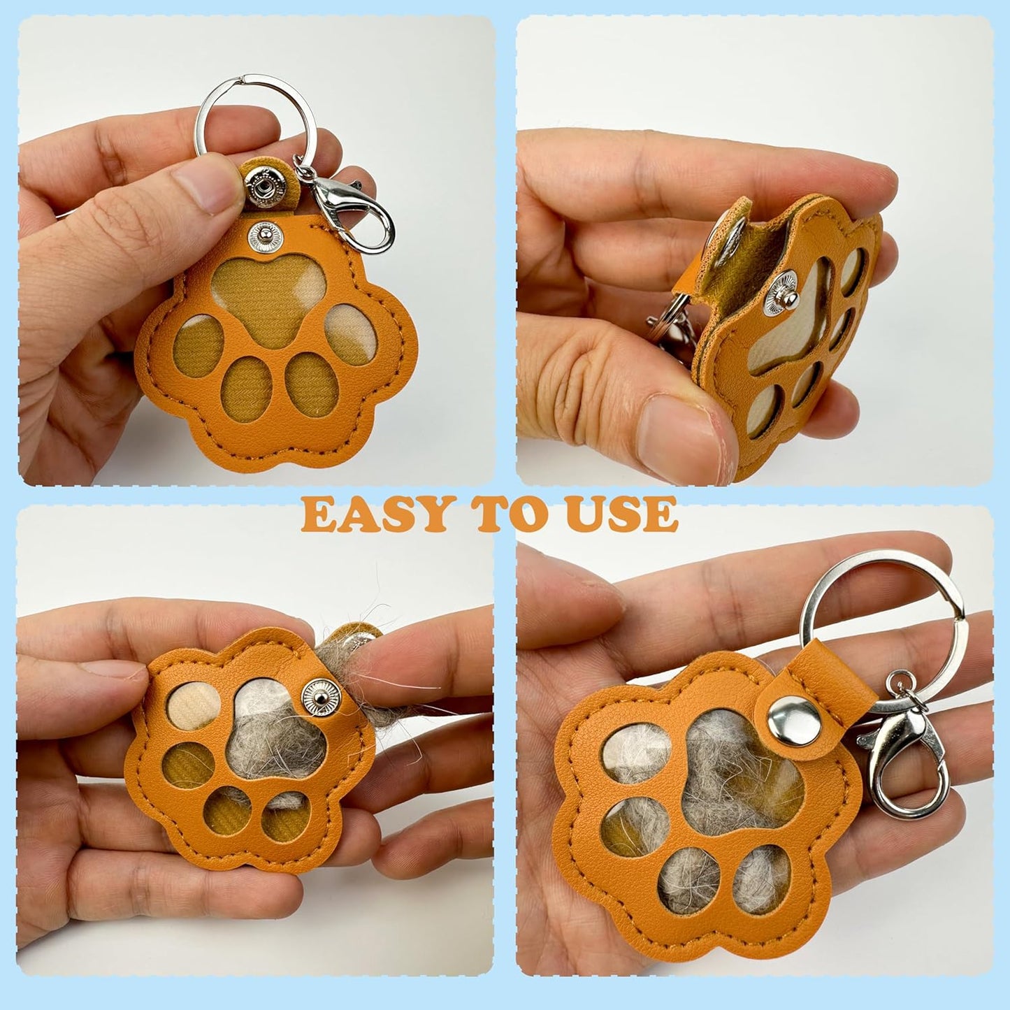 3 Pcs Pet Paw Keychain – Refillable Leather Paw Print Keepsake for Dog or Cat Hair, Transparent Pet Memorial Keychain with Compartment, Sympathy Gift for Pet Lovers, Fur Animal Ornaments Paw Shaped