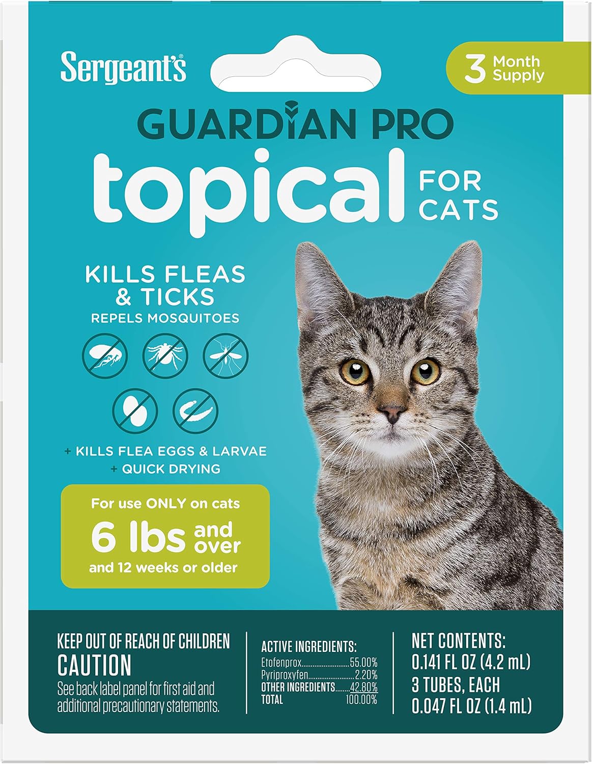 Sergeant's Guardian Pro Flea & Tick Squeeze On Topical Cats 6lbs and Over., 3 Count