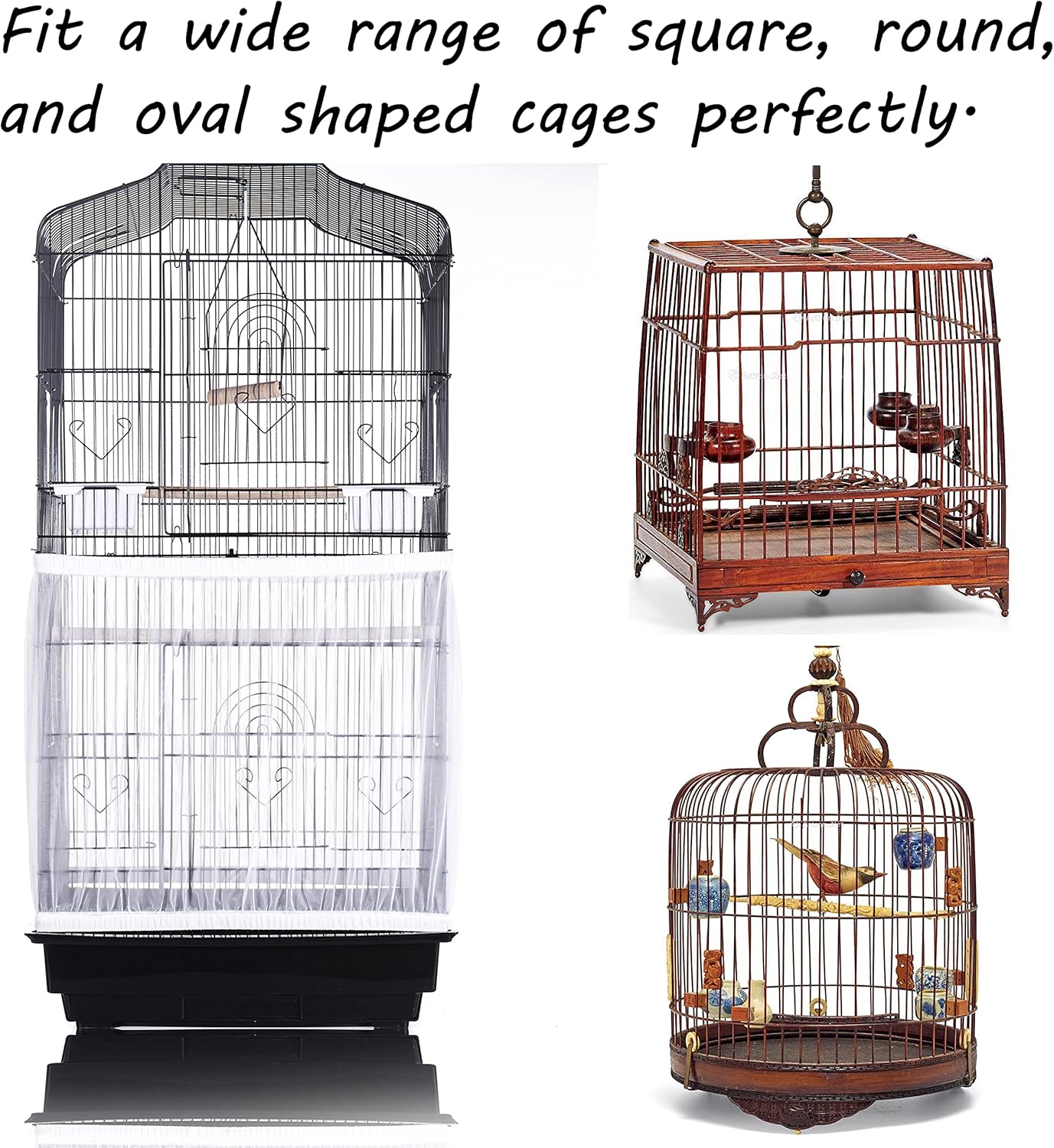 Tamu style Bird Cage Seed Catcher, Large, Stretchy Form Fitting Mesh Skirt Cover for Parrot Enclosures, Light and Breathable Fabric, Prevent Scatter and Mess, Reusable, Adjustable, Lightweight, White