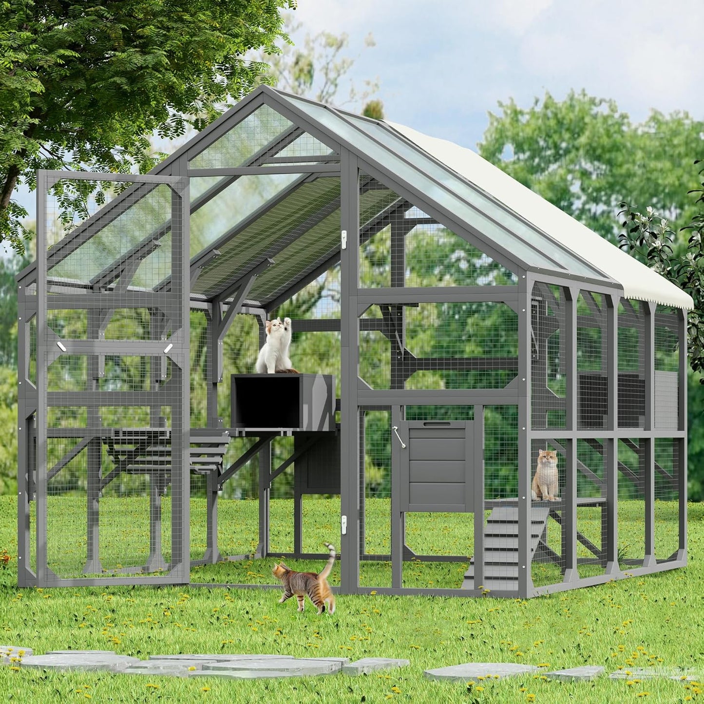 Merax Outdoor Large Catio Cat Enclosure,Wooden Cat House with 7 Platforms, 2 Resting Boxes, 1 Bridge and 1 Ramp, Walk in Kitty Cage Kennel with Sunshine Board Roof, Gray