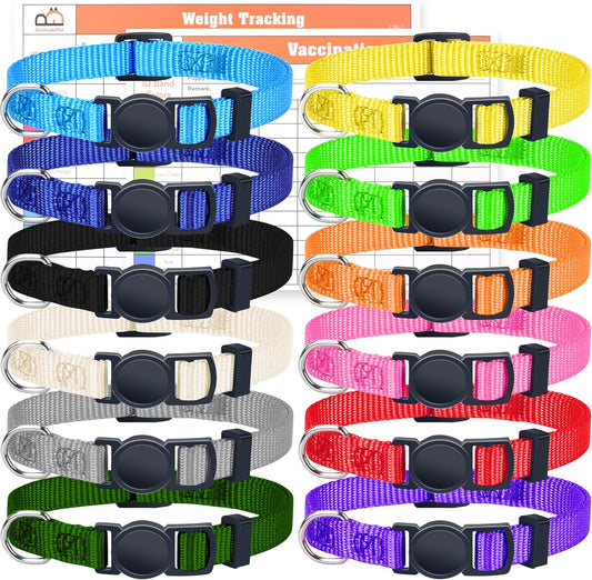 GAMUDA Puppy ID Collars - Super Soft Nylon Whelping Set - Adjustable Breakaway Litter for Pups - Assorted Colors Plain & Identification With 2 Record Keeping Charts - Set of 12 (S)