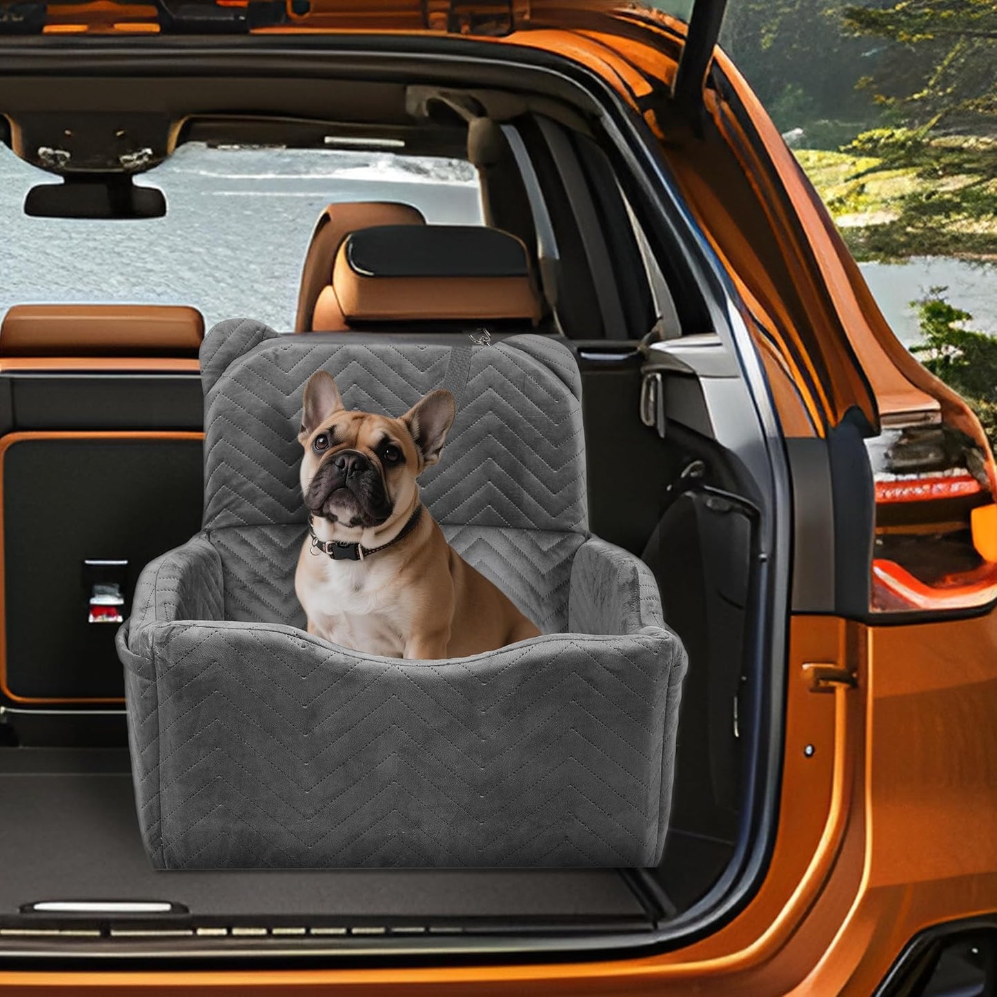 Dog Car Seat Booster with Waterproof Cover, Memory Foam, Small/Medium Dog Bed for Car Back Seat for Travel, 2 Safety Belt