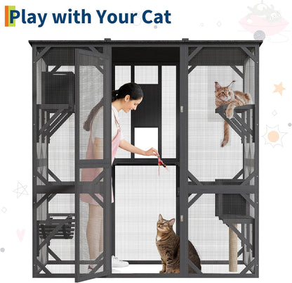 70 in Walk-in Catio with Window Access, Extra Large Outdoor Cat Enclosure for Multiple Cats, Waterproof Roof Cattery with Bridge and Scratching Post Outside Patio Cat Playpen Grey