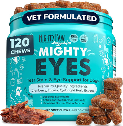 Mighty Paw Waggables Eyes (Made in USA) | Tear Stain Chews for Dogs. Vision and Tear Stain Support Supplements for Dogs. Lutein Supplement. Lubricates Eyes, Immune Support (120 Ct)