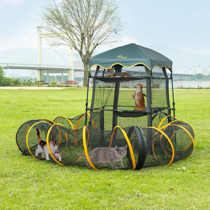 Extra Large Catio Outdoor Cat Enclosure,3 Tier Cat Tower Tent Weatherproof & Sunproof with 3 Doors(with Two Kinds of Canopies), Foladable and Portable Plus 3 Run Tunnels