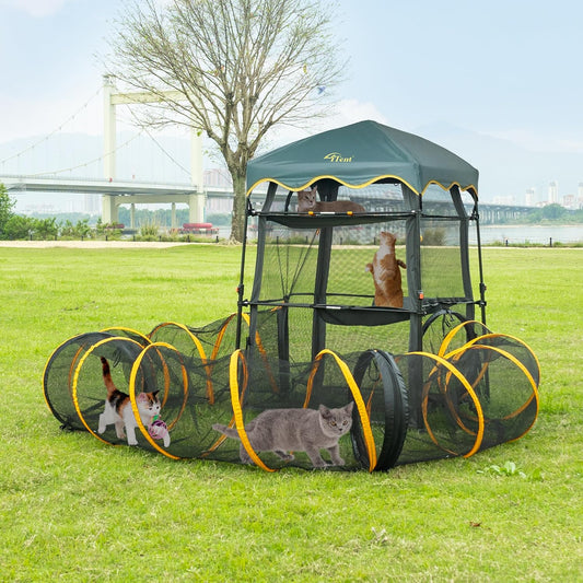 Extra Large Catio Outdoor Cat Enclosure,3 Tier Cat Tower Tent Weatherproof & Sunproof with 3 Doors(with Two Kinds of Canopies), Foladable and Portable Plus 3 Run Tunnels