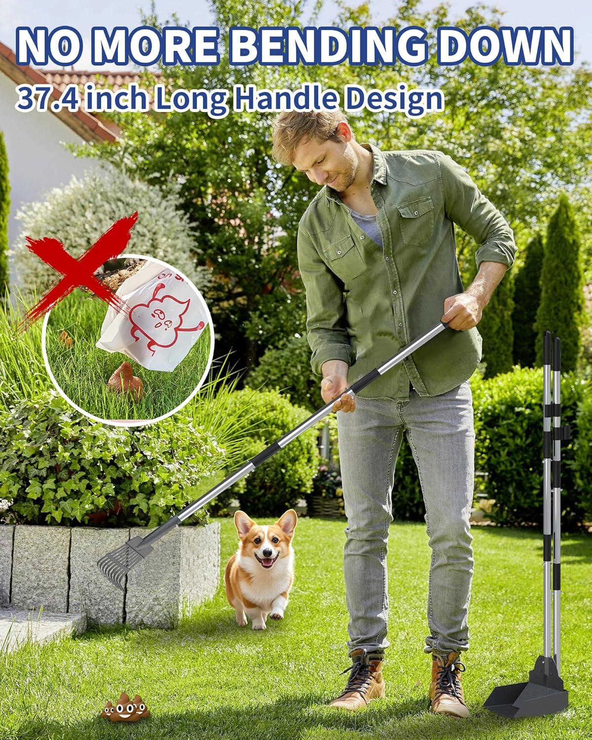Dog Pooper Scooper Set, Stainless Metal Tray Rake Spade 3 Pack, Long Handle Pet Waste Scooper for Large Medium Small Dogs, Heavy Duty Poop Scooper for Yard, Grass, Dirt or Gravel