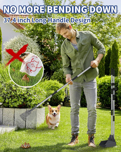 Dog Pooper Scooper Set, Stainless Metal Tray Rake Spade 3 Pack, Long Handle Pet Waste Scooper for Large Medium Small Dogs, Heavy Duty Poop Scooper for Yard, Grass, Dirt or Gravel