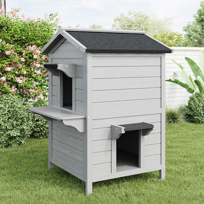 Outdoor Cat House Wooden Shelter: Large Weatherproof Pet Enclosure for Indoor or Feral Cats, 2-Tier Cat House for Outside Cats