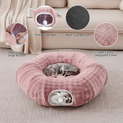 Bubble Cat Tunnel for Indoor Cats, Round Peekaboo Cave Toy with Dangling Balls, Donut Tunnel Bed with Circle Mat for Puppy Kitten Rabbit, Dusty Pink