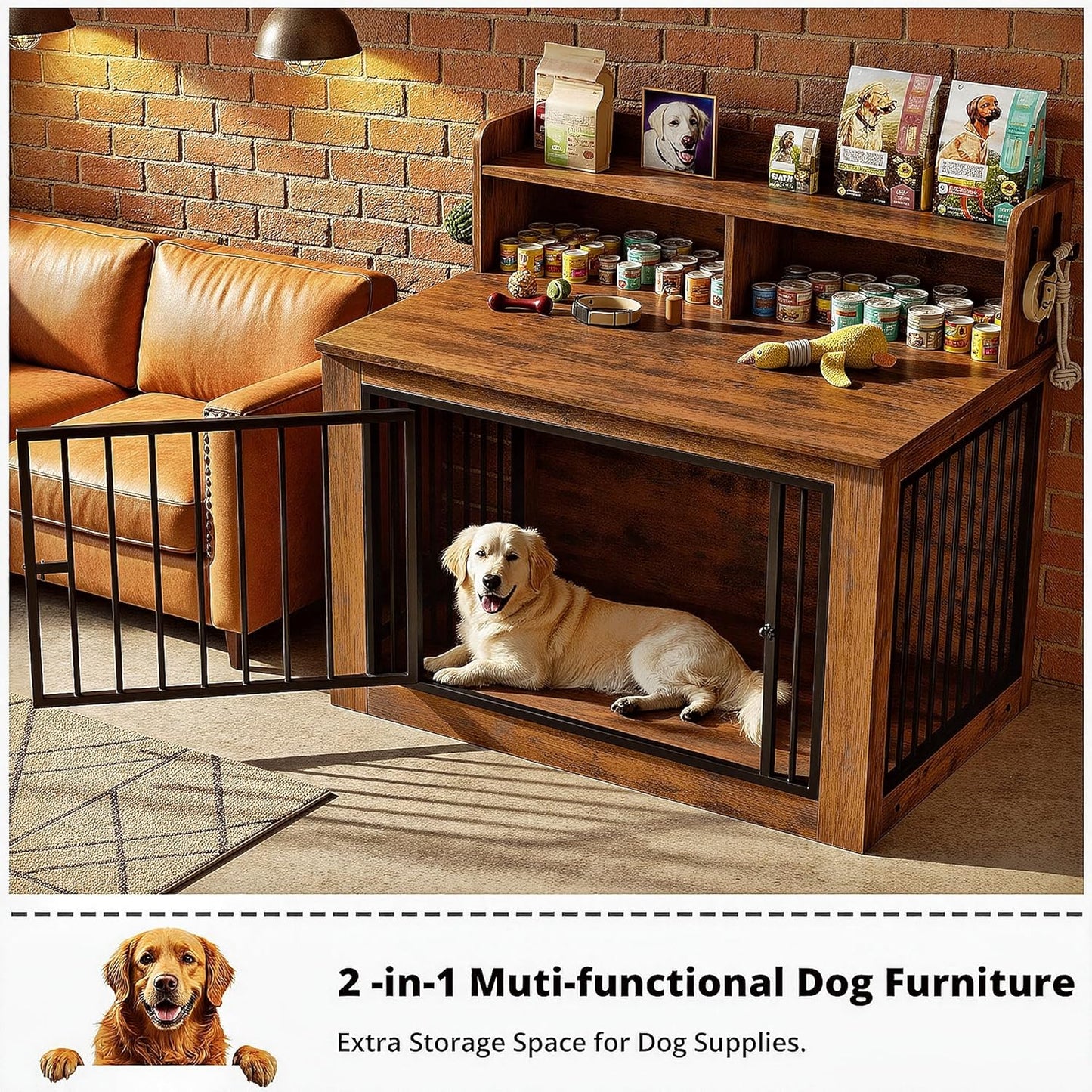 IRONCK Extra Large Dog Crate Furniture, 43.3 inches Wooden Dog Crate with Storage and 4 Hooks, Heavy Duty Pet Crate for Large Dog, Decorative Pet Cage for Indoor (30" L x 43.3" W x 41.1" H)