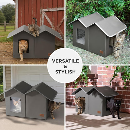 Bedsure Weatherproof Outdoor Cat House-Extra Wide Insulated Feral Cat Shelter with Raised Base in Winter, Waterproof Outside Pet Hideout for Stray Kitty, 22.5x12.5x13.25inches, Grey