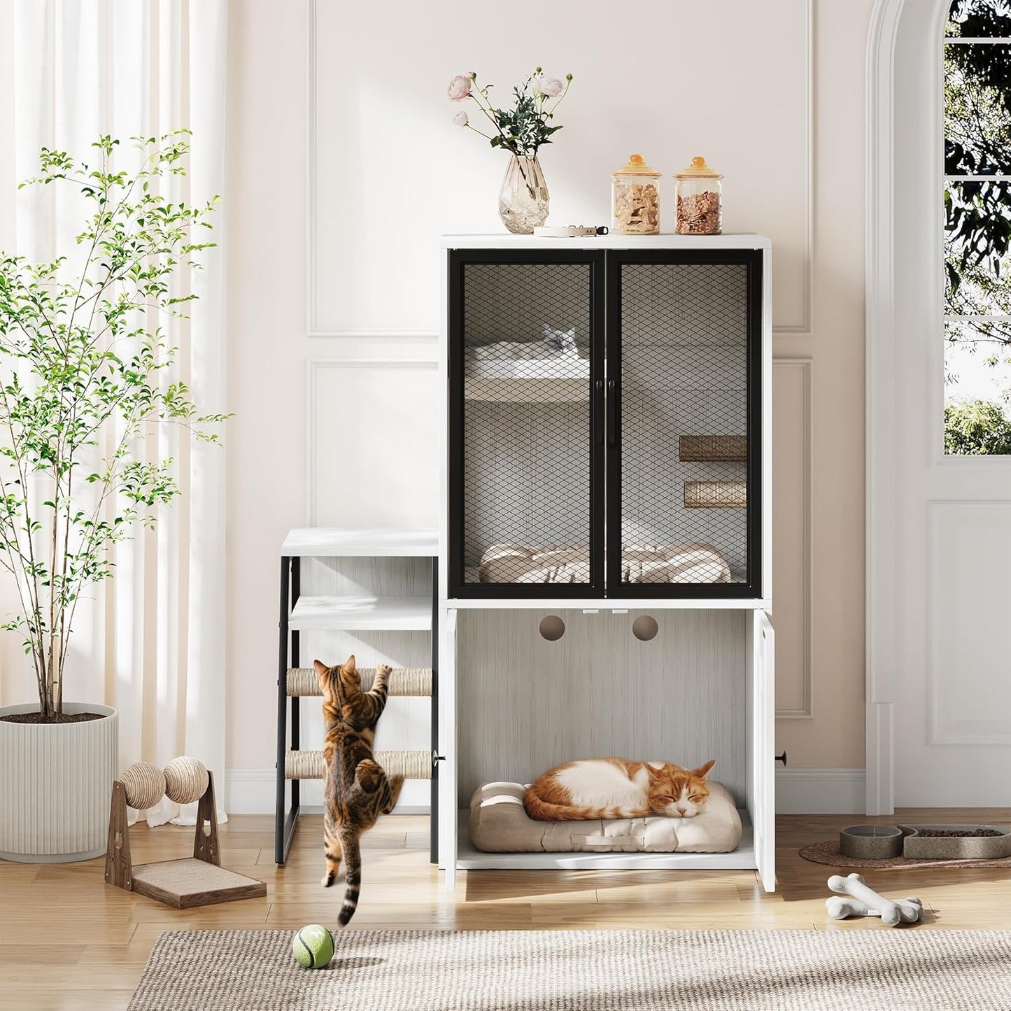 Cat Litter Box Enclosure, Double Layer Enclosed Litter Box Furniture with Door, Cat House with Ladder, White